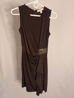 Michael Michael Kors Brown Sleeveless Draped Sheath Dress with Gold Hardware